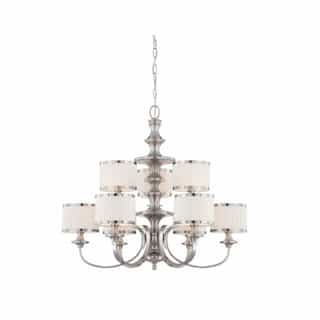60W Candice Series Chandelier w/ Pleated White Shades, 9 Lights, Brushed Nickel