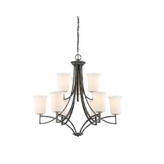 100W Chester Series Chandelier w/ White Glass, 9 Lights, Iron Black & Brushed Nickel