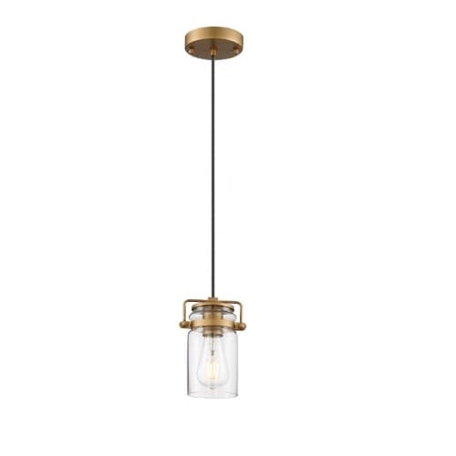 60W Antebellum LED Mini Pendant Fixture w/ Clear Glass, 1 Light, Vintage Brass