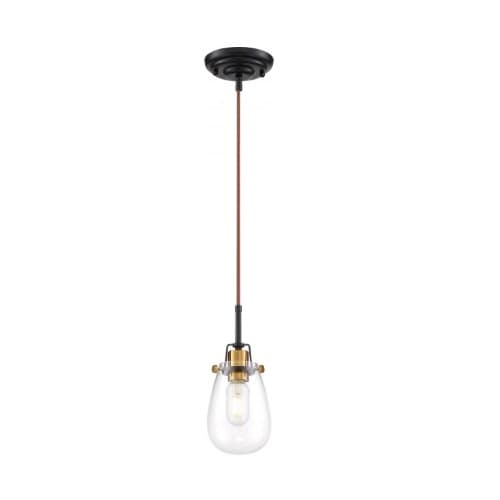 60W Toleo LED Mini Pendant Fixture w/ Clear Glass, 1 Light, Black and Vintage Brass
