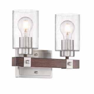 60W Arabel Series Vanity Light w/ Clear Seeded Glass, 2 Lights, Brushed Nickel & Wood