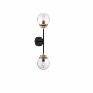 60W Axis Series Wall Sconce w/ Clear Glass, 2 Lights, Matte Black & Brass