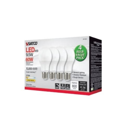 Satco 9.5W LED A19 Bulb, Dimmable, E26, 800 lm, 120V, 4000K, White