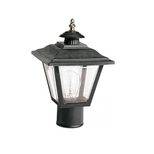 13in Outdoor Post Lantern, 1 Light, Brass Trimmed Acrylic Panels, Black
