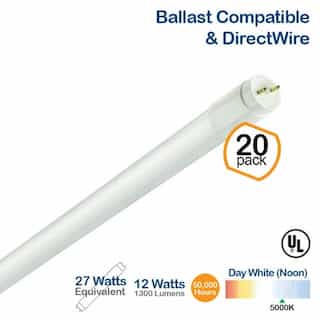 12W LED T8 Tube (27W Fluorescent Replacement) 5000K, 4-Ft 