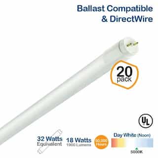  18W LED T8 Tube (32W Fluorescent Replacement) 5000K, 4-Ft