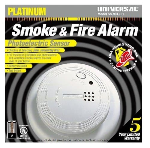 USI Photoelectric Smoke and Fire Alarm, 9V Battery Operated