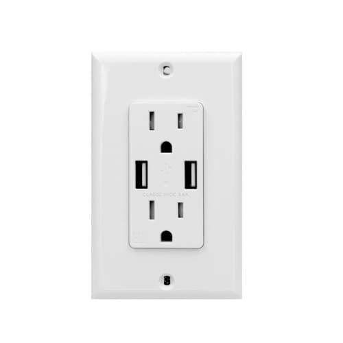 USI 15 Amp Duplex Receptacle, USB Charger & Tamper Resistant, White