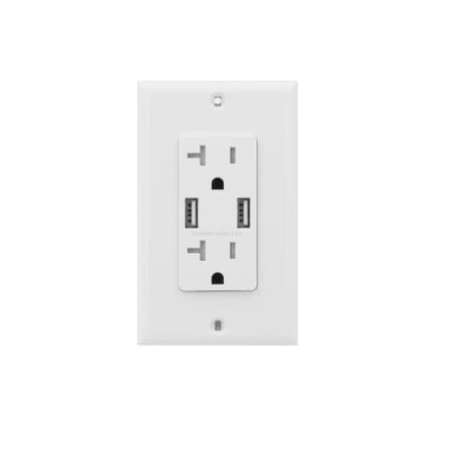 USI 20 Amp Duplex Receptacle, USB Charger & Tamper Resistant, White