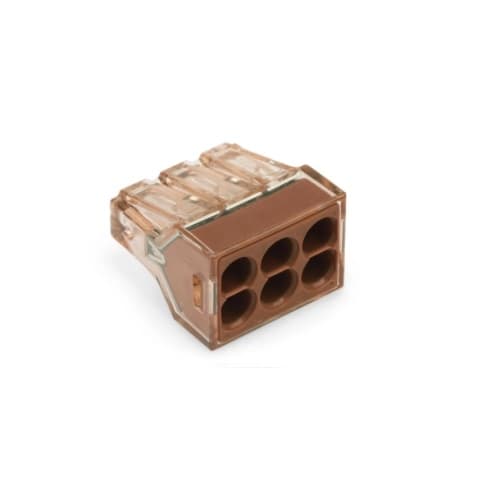 Push Wire Connector, 6 Conductor, Up to 12 AWG, Brown Clear Housing, Brown