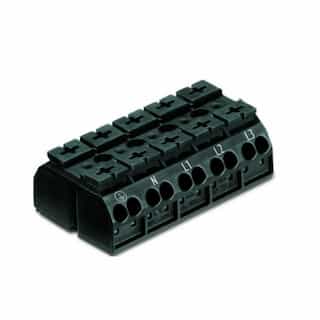 Wago Chassis Mount Terminal Strip, 4 Conductor, PE-N-L1-L2-L3, 5-Pole, 5 Snap-in Feet, Black