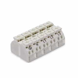 Chassis Mount Terminal Strip, 4 Conductor, PE-N-L1-L2-L3, 5-Pole, Snap-in, White