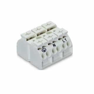 Wago Chassis Mount Terminal Strip, 4 Conductor, PE-N-L1, 3-Pole, 3 Snap-in Feet, White