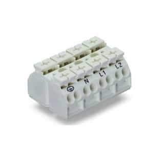 Wago Chassis Mount Terminal Strip, 4 Conductor, PE-N-L1-L2, 4-Pole, 4 Snap-in Feet, White