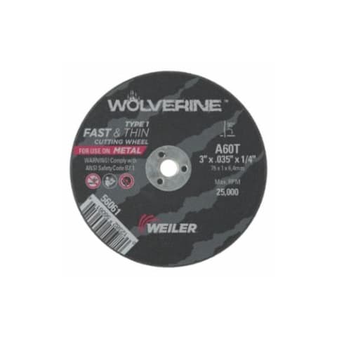 3-in Wolverine Flat Cutting Wheel, 60 Grit, Aluminum Oxide, Resin Bond