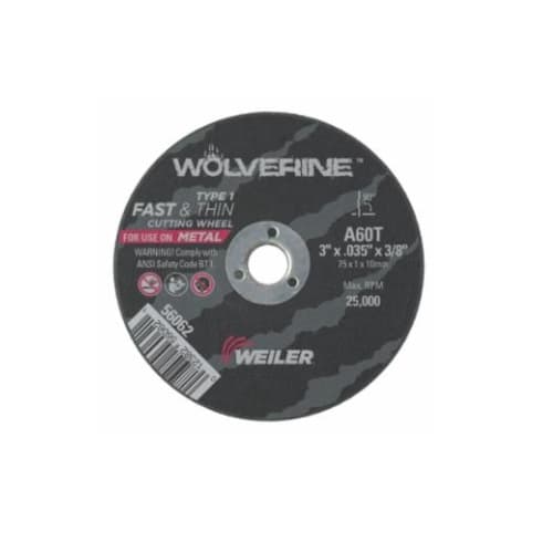 3-in Wolverine Flat Cutting Wheel, 0.4 Arbor Dia., 60 Grit, Aluminum Oxide, Resin Bond