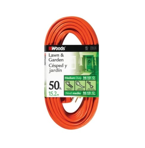 Woods Wire 50-ft Vinyl Outdoor Extension Cord, 16/3 AWG, 13 Amp, Orange