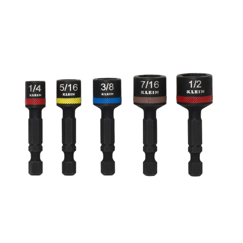 Klein Tools 5-Piece Magnetic Power Nut Setters, 2 Inch Shaft, Color Coded, Black (Klein Tools 32925S)