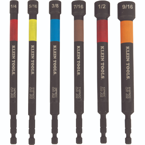 Klein Tools 6-Piece Magnetic Power Nut Setters, 5 Inch Shaft, Color Coded, Black (Klein Tools 32930)