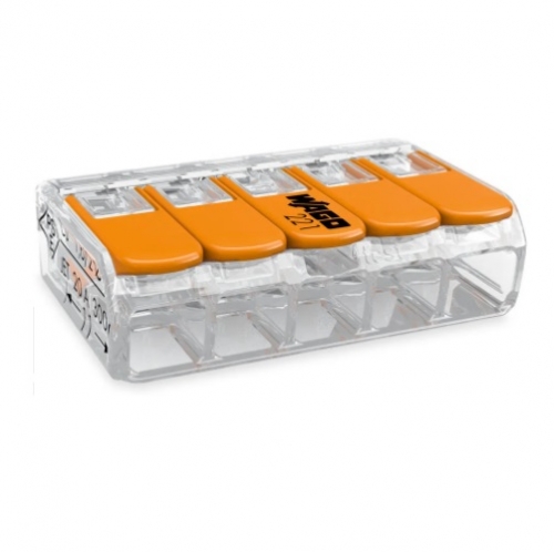 Wago Compact Splicing Wire Connector, 5 Conductor, Up to 12 AWG, Orange, Pack of 1000, Case of 1000 (Wago 221-415/VE00-1000)