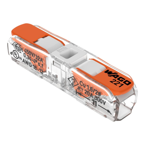 Wago 1.4-in Inline Splicing Connector w/ Lever, 2 Conductor, CL, 10 Pack, Case of 15 (Wago 221-2401/K000-0006)