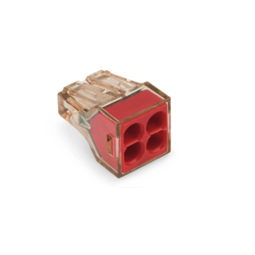Wago Push Wire Connector, 4 Conductor, Up to 12 AWG, Brown Clear Housing, Red, Case of 100 (Wago 773-604)