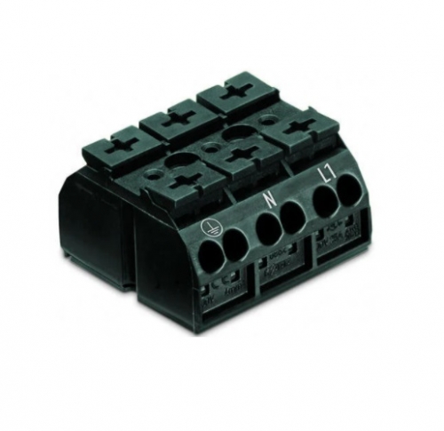 Wago Chassis Mount Terminal Strip w/o Contact, 4 Conductor, 3-Pole, 3 Snap-in Feet, Black, Case of 250 (Wago 862-1533)