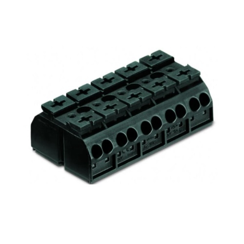 Wago Chassis Mount Terminal Strip w/o Contact, 4 Conductor, 5-Pole, 5 Snap-in Feet, Black, Case of 200 (Wago 862-525)