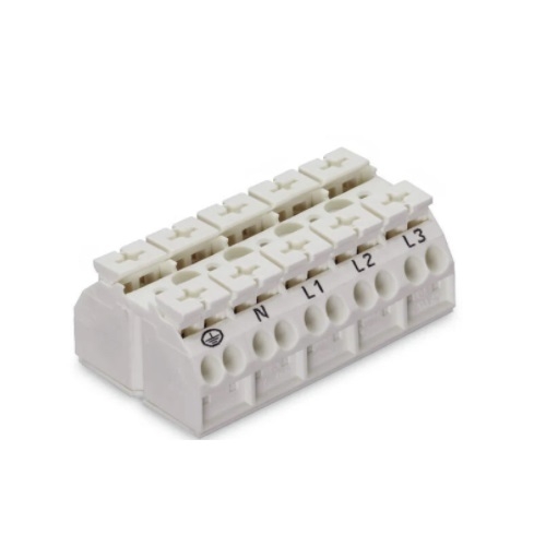 Wago Chassis Mount Terminal Strip, 4 Conductor, PE-N-L1-L2-L3, 5-Pole, 5 Snap-in Feet, White, Case of 200 (Wago 862-9625)