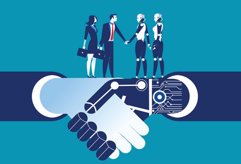Human and robots shaking hands